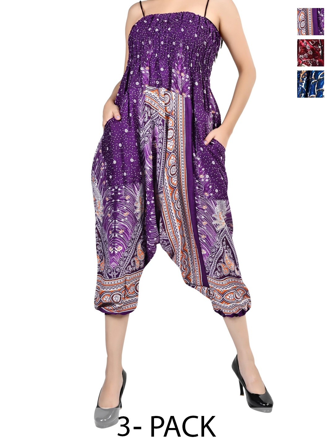 

NarNari Women Pack Of 3 Ethnic Motifs Printed Mid-Rise Harem Pants, Purple