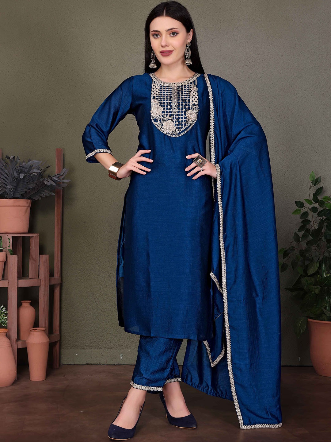 

Gee Next Creation Floral Yoke Design Zari Straight Kurta With Trouser And Dupatta, Navy blue