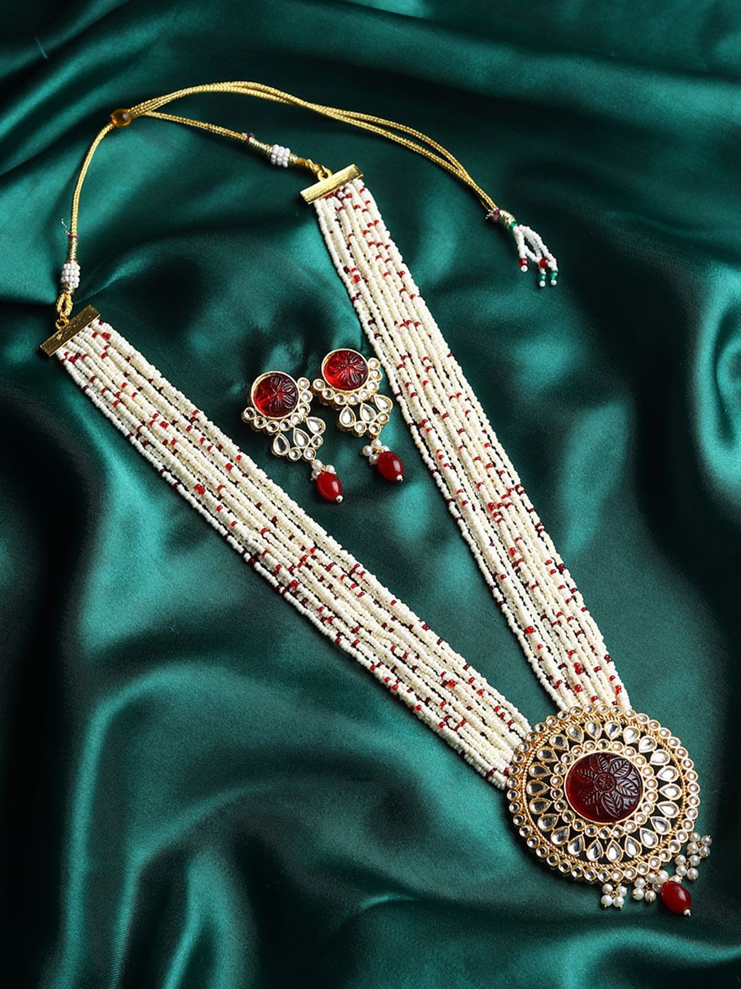 

RHOSYN Gold-Plated Artificial Stone Studded & Beaded Jewellery Set