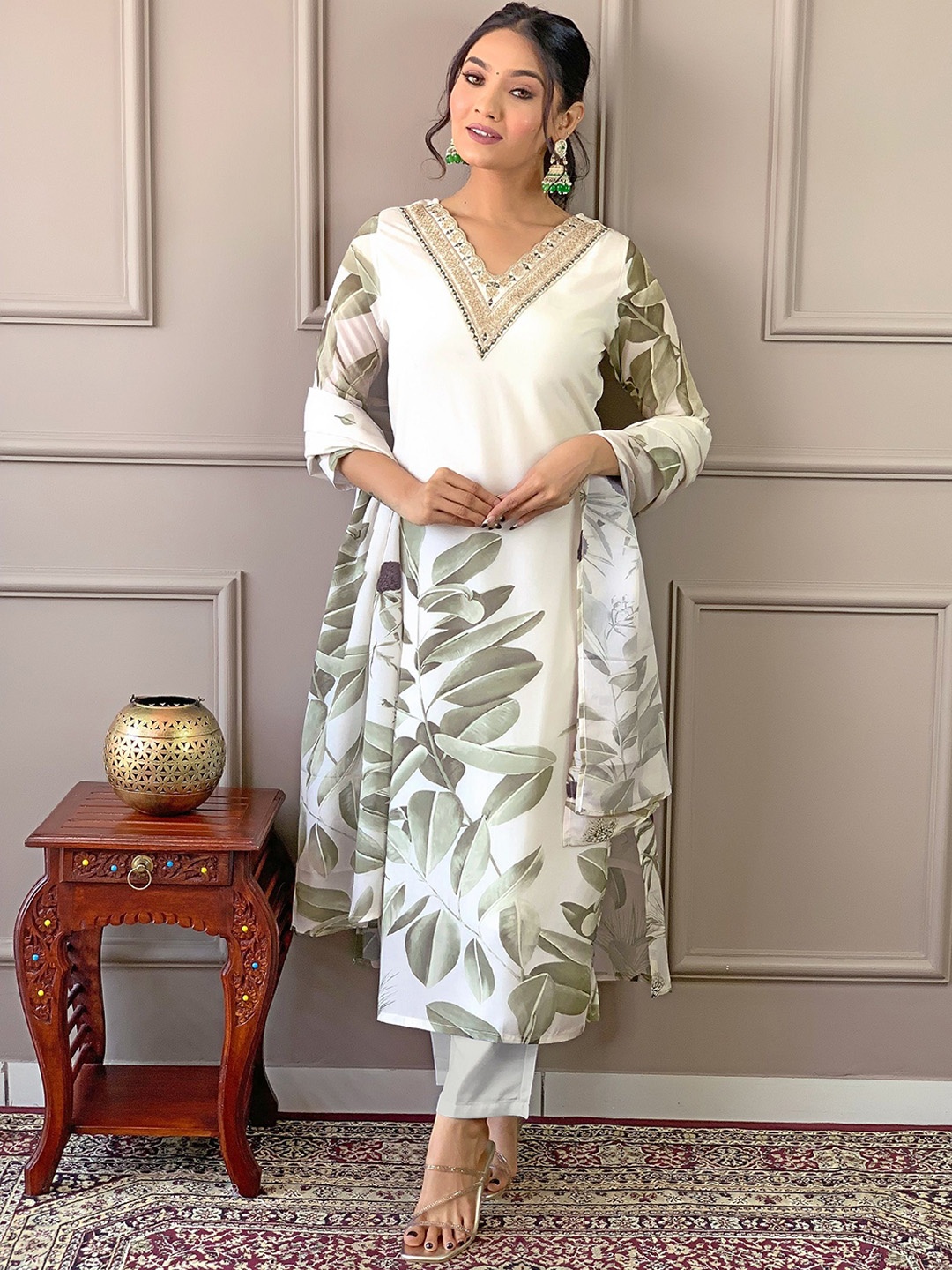 

KALINI Floral Printed Embroidered V Neck Kurta With Trousers & Dupatta, White