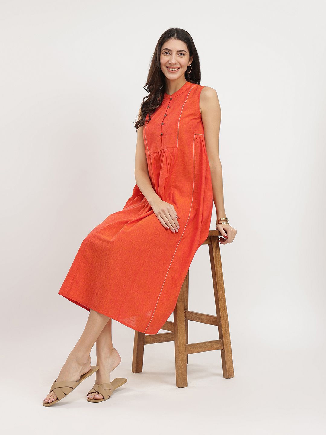 

Pink Fort Cotton Handwoven Gathered Dress - Orange