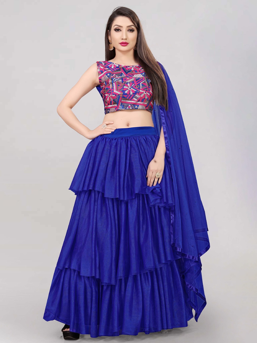 

DIVASTRI Floral Embroidered Thread Work Semi-Stitched Lehenga Choli, Blue