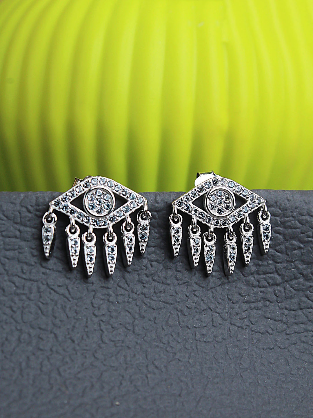 

DEVASHREE 925 Sterling Silver Rhodium-Plated Cubic Zirconia Studded Evil Eye Shaped Studs, Blue