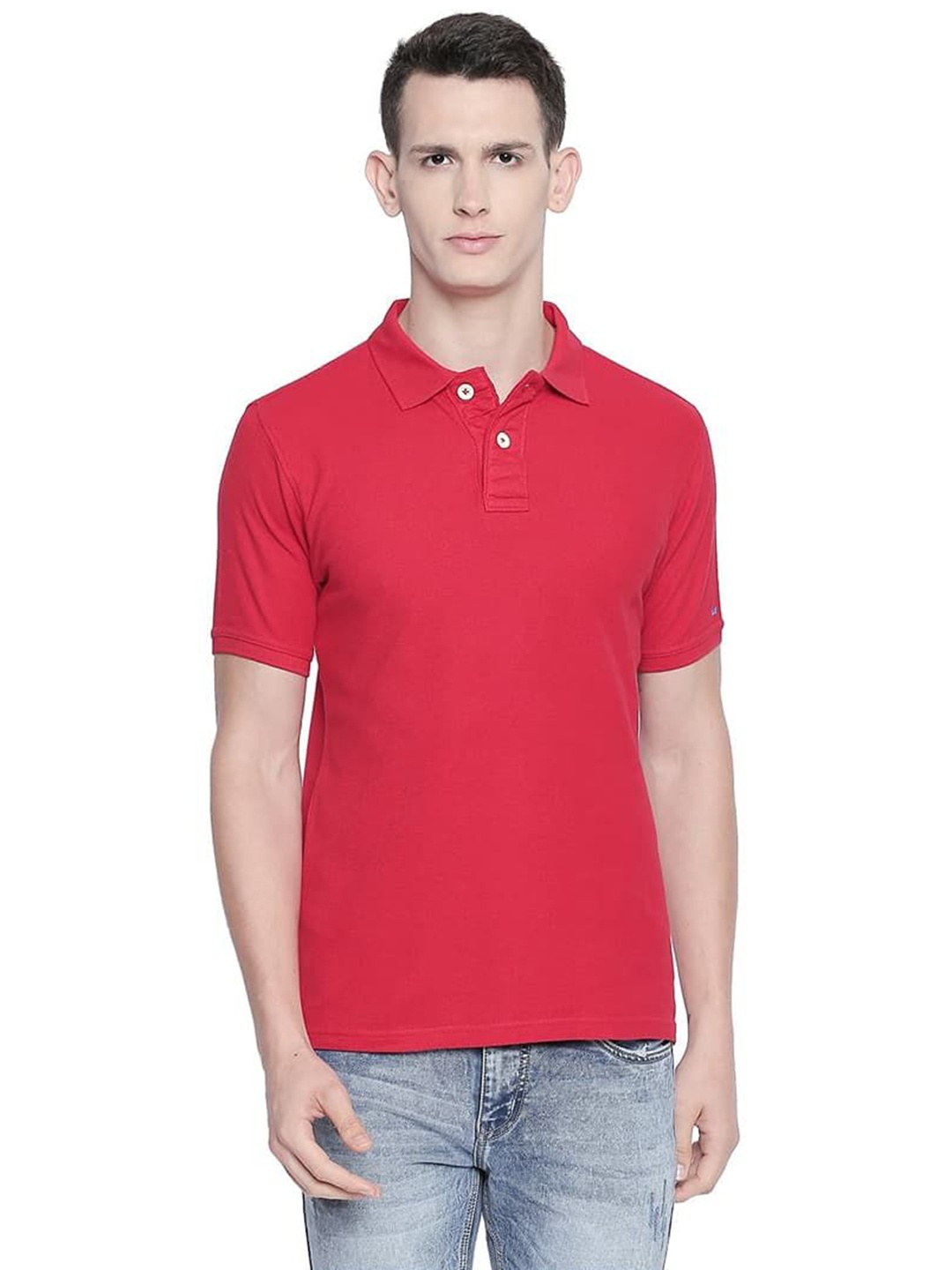 

Basics Men Solid Polo Collar Cotton T-shirt, Pink