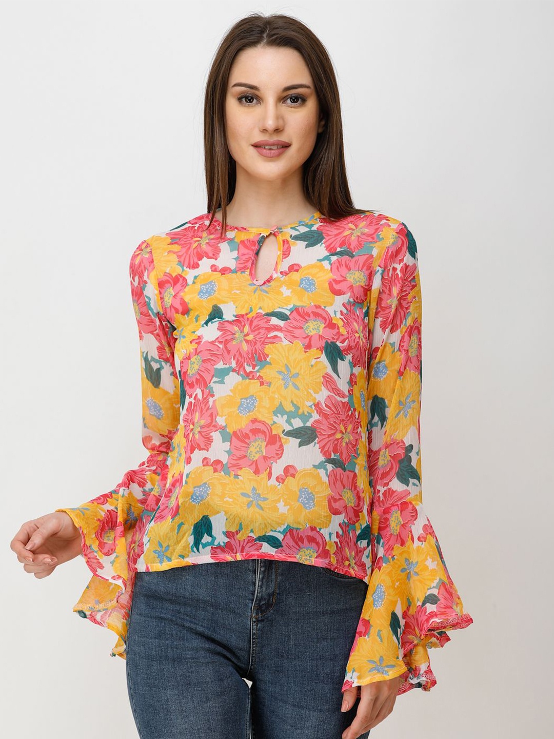 

Moda Rapido Floral Print Bell Sleeve Chiffon Top, Yellow