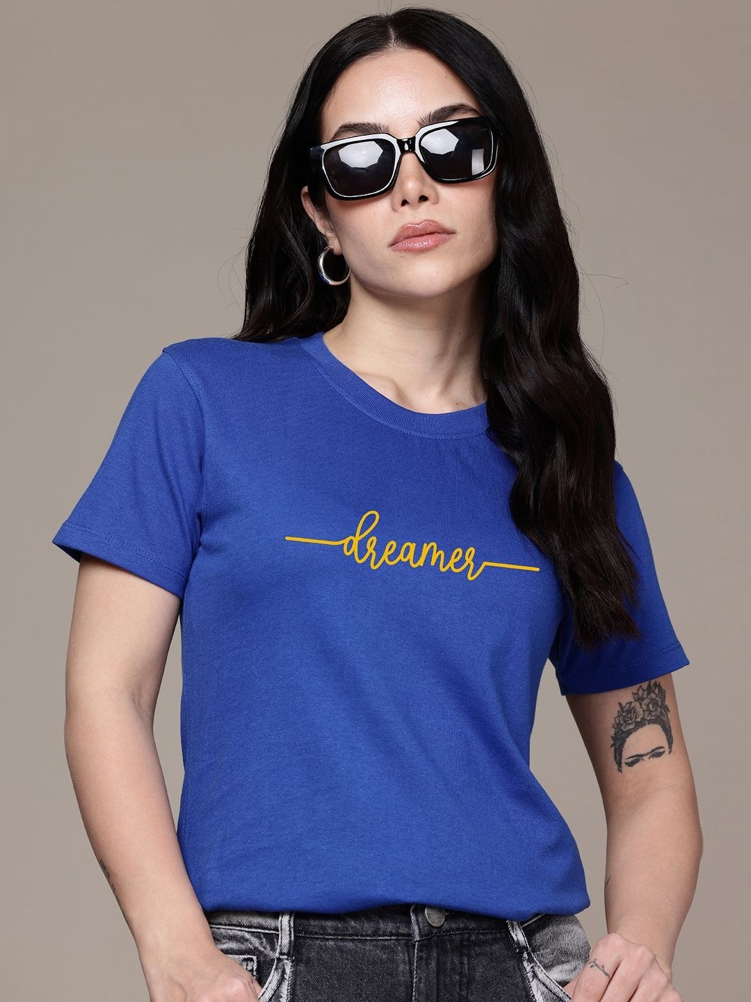 

Moda Rapido Women Typography Printed Round Neck Regular Fit Cotton T-shirt, Blue