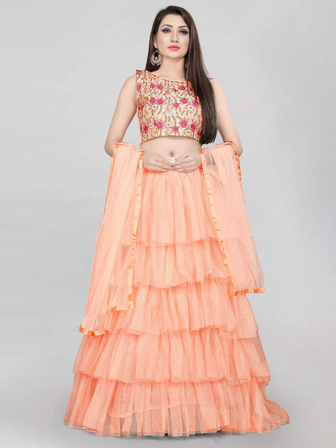 

DIVASTRI Floral Embroidered Thread Work Semi-Stitched Lehenga Choli With Dupatta, Orange