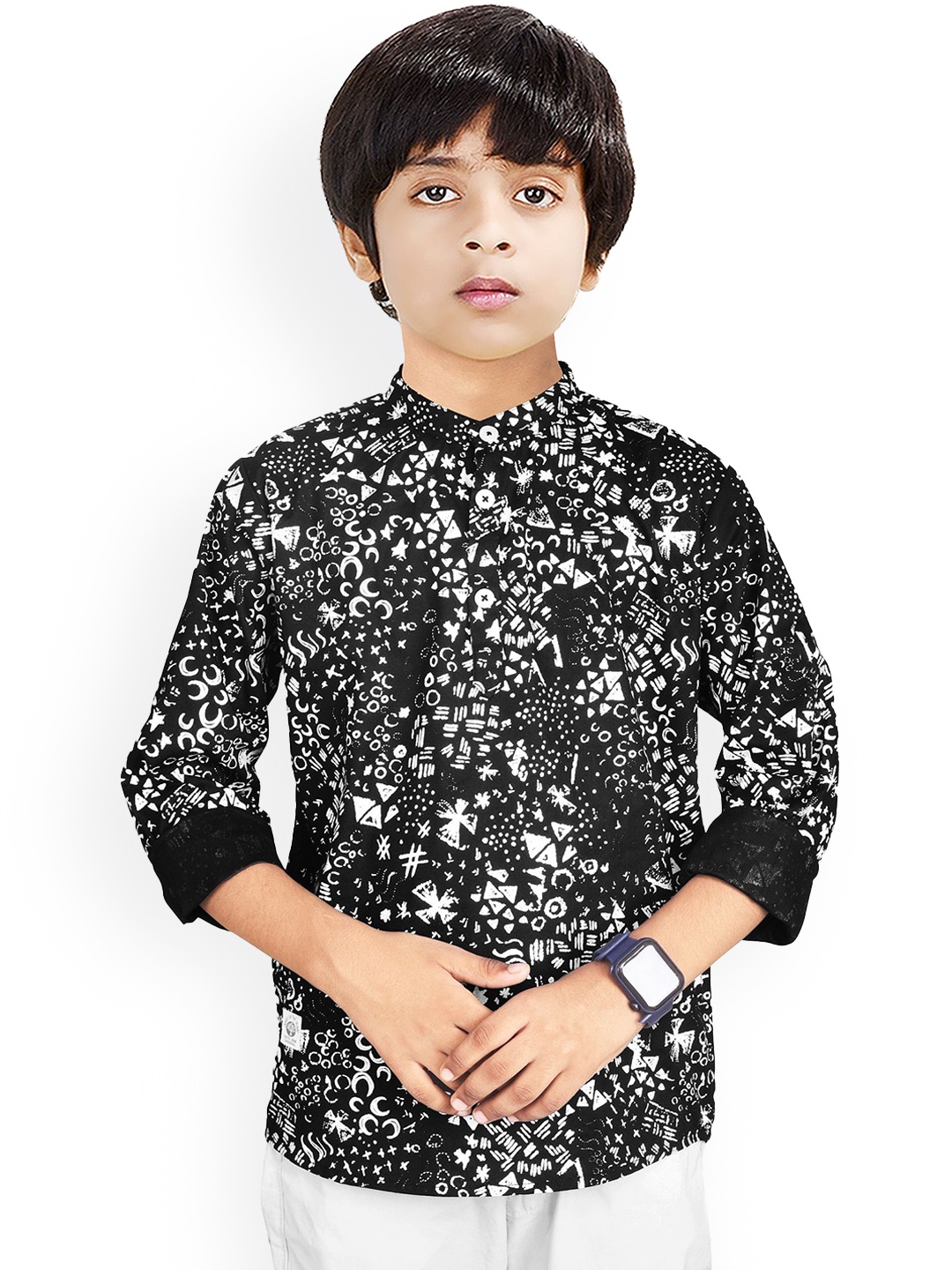 

MADE IN THE SHADE Boys Geometric Printed Band Collar Cotton Straight Kurta, Black
