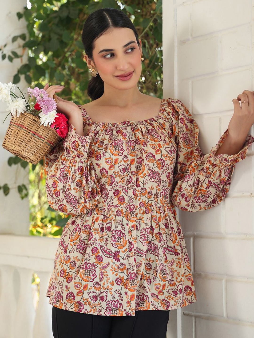

Janasya Floral Print Puff Sleeve Cotton Top, Beige