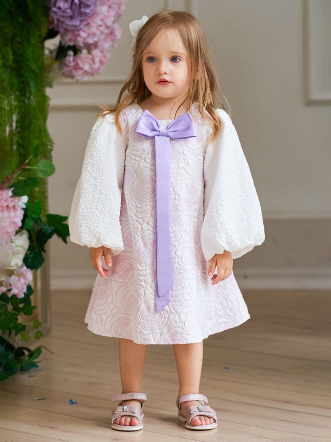 

LULU & SKY Girls Puff Sleeve Bow Applique A-Line Dress, White