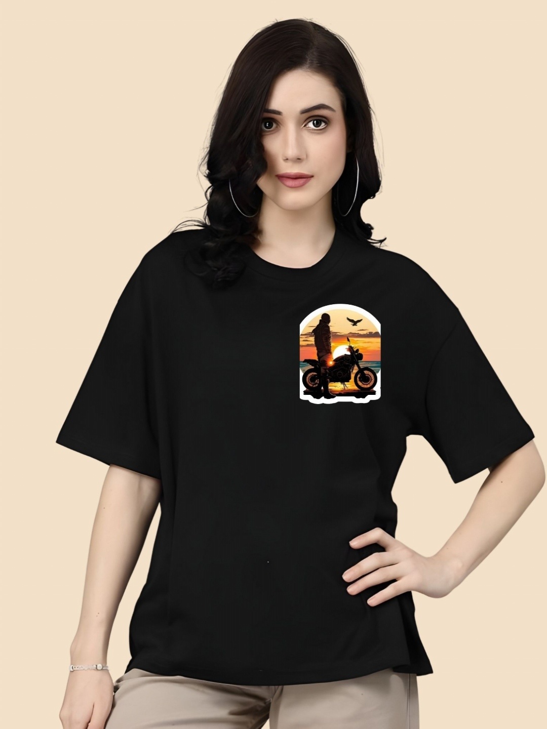 

SZN Women Typography Printed Round Neck Cotton Oversized T-shirt, Black
