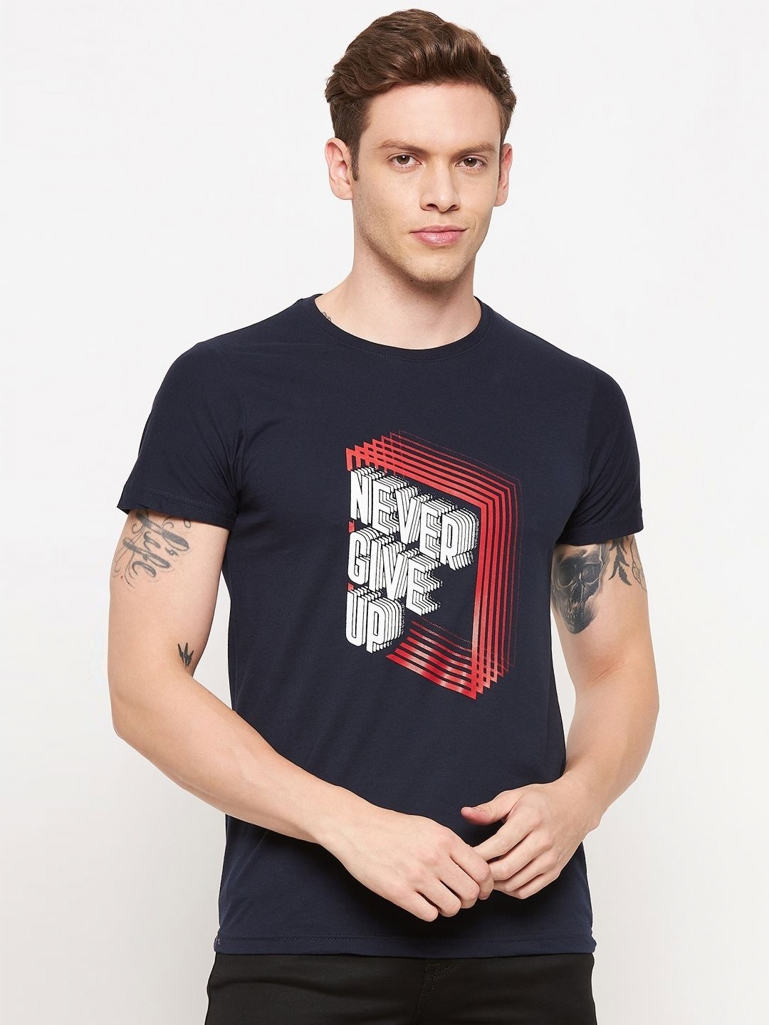 

LYCOS Men Typography Printed Round Neck Cotton T-shirt, Navy blue