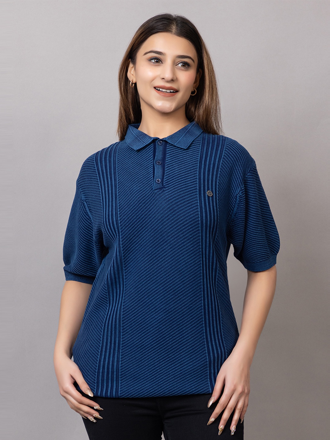 

Wool's Kart Women Self Design Polo Collar T-shirt, Blue