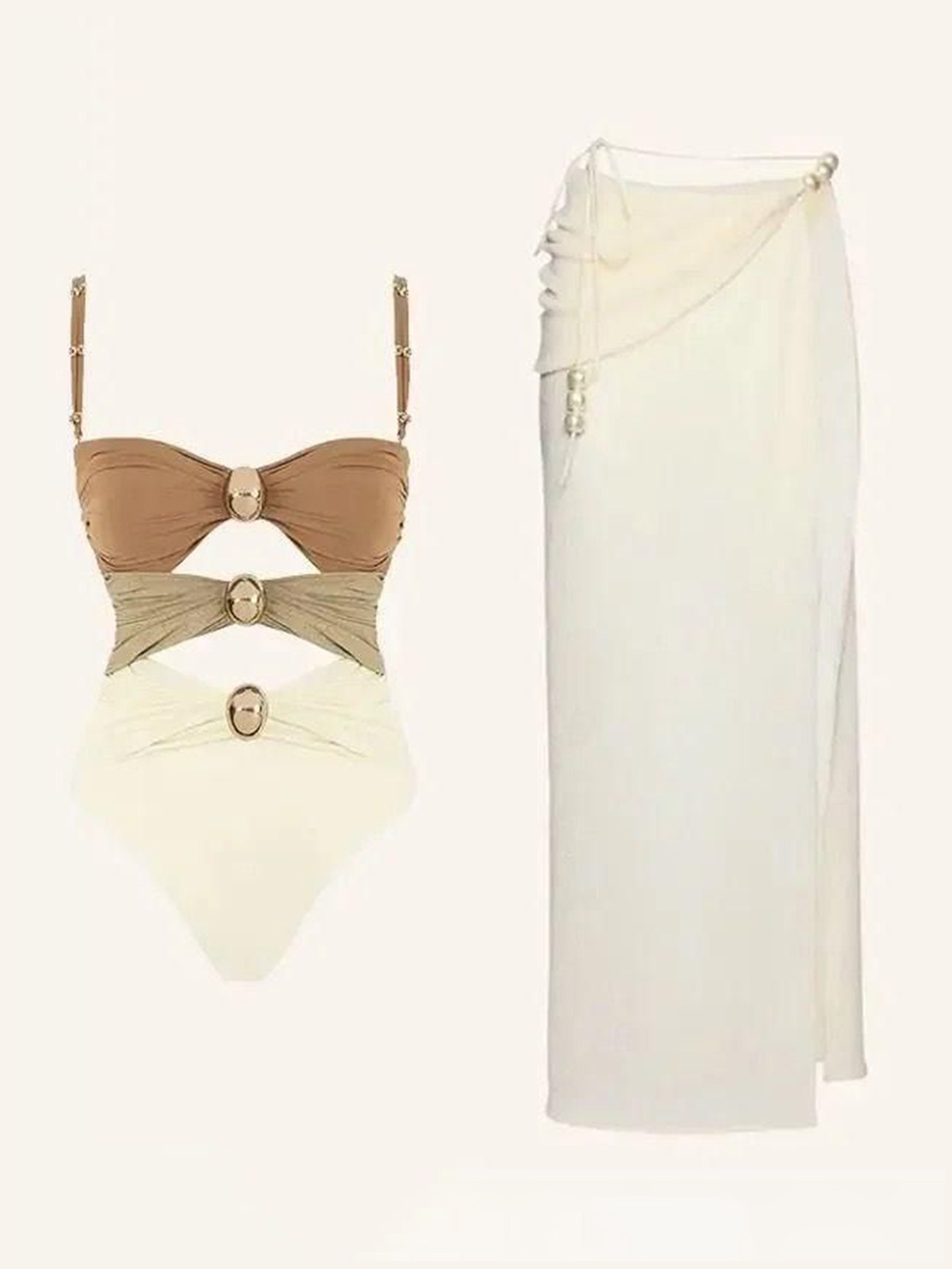 

Alamode By Akanksha Beige Mariku Luxe Swimsuit With Skirt