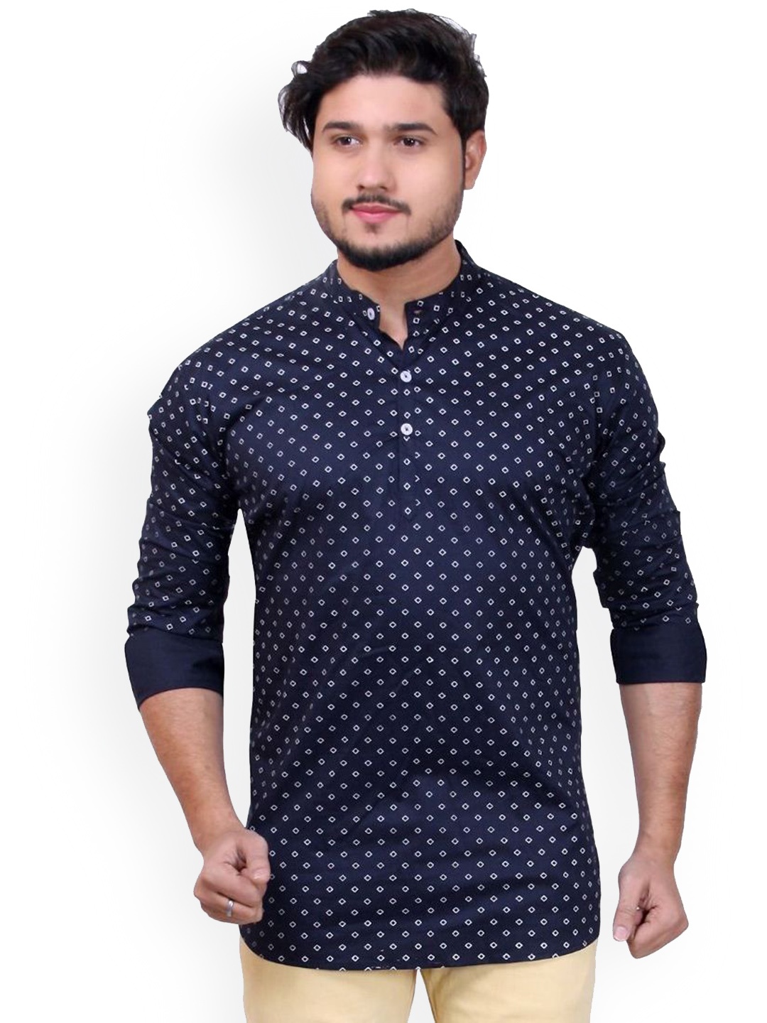

MADE IN THE SHADE Geometric Printed Band Collar Pure Cotton Straight Kurta, Blue