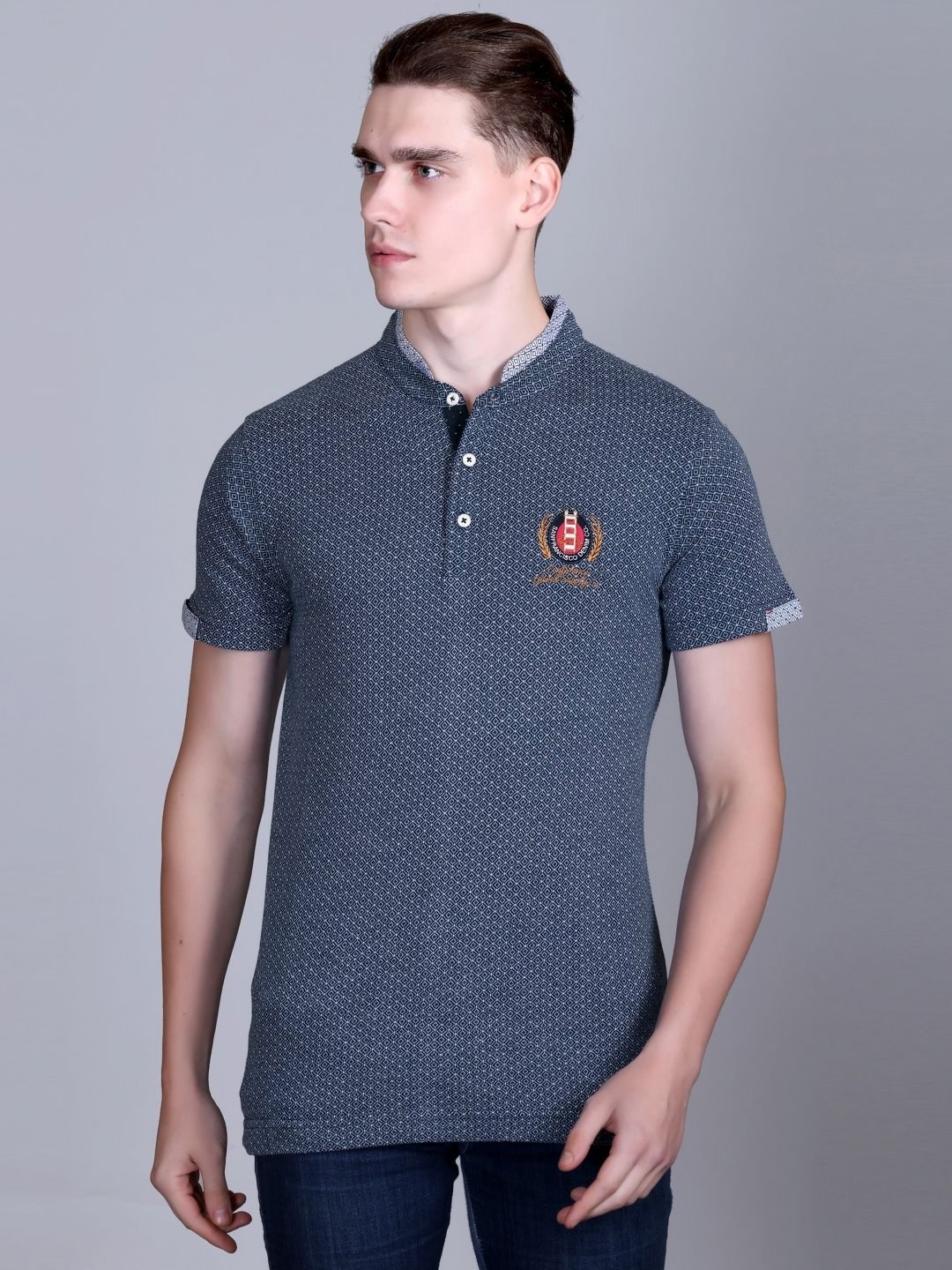 

CONFIDENCE Men Geometric Printed Mandarin Collar Cotton Slim Fit T-shirt, Teal