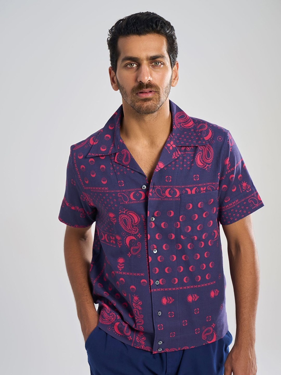 

Terra Luna Men Cuban Collar Ethnic Motifs Printed Khadi Casual Shirt, Multi