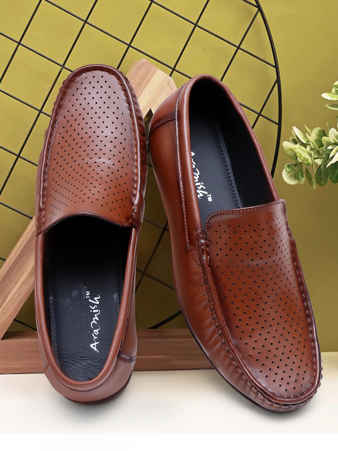 

ARAMISH Men Perforations Slip-On Lightweight Leather Loafers, Tan