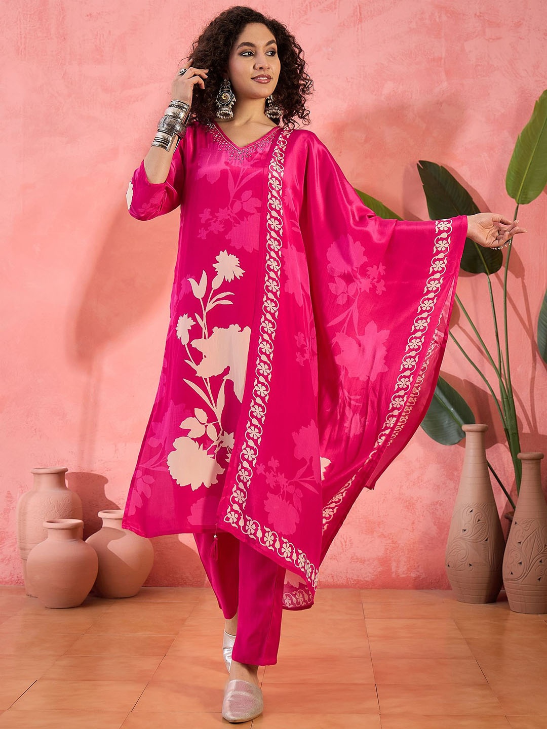 

Sangria Floral Printed V-Neck Beads and Stones Straight Kurta With Trouser And Dupatta, Pink