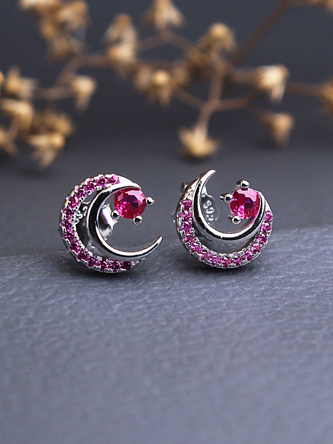 

DEVASHREE 925 Silver Rhodium-Plated Cubic Zirconia Studded Crescent Shaped Moon Studs, Red