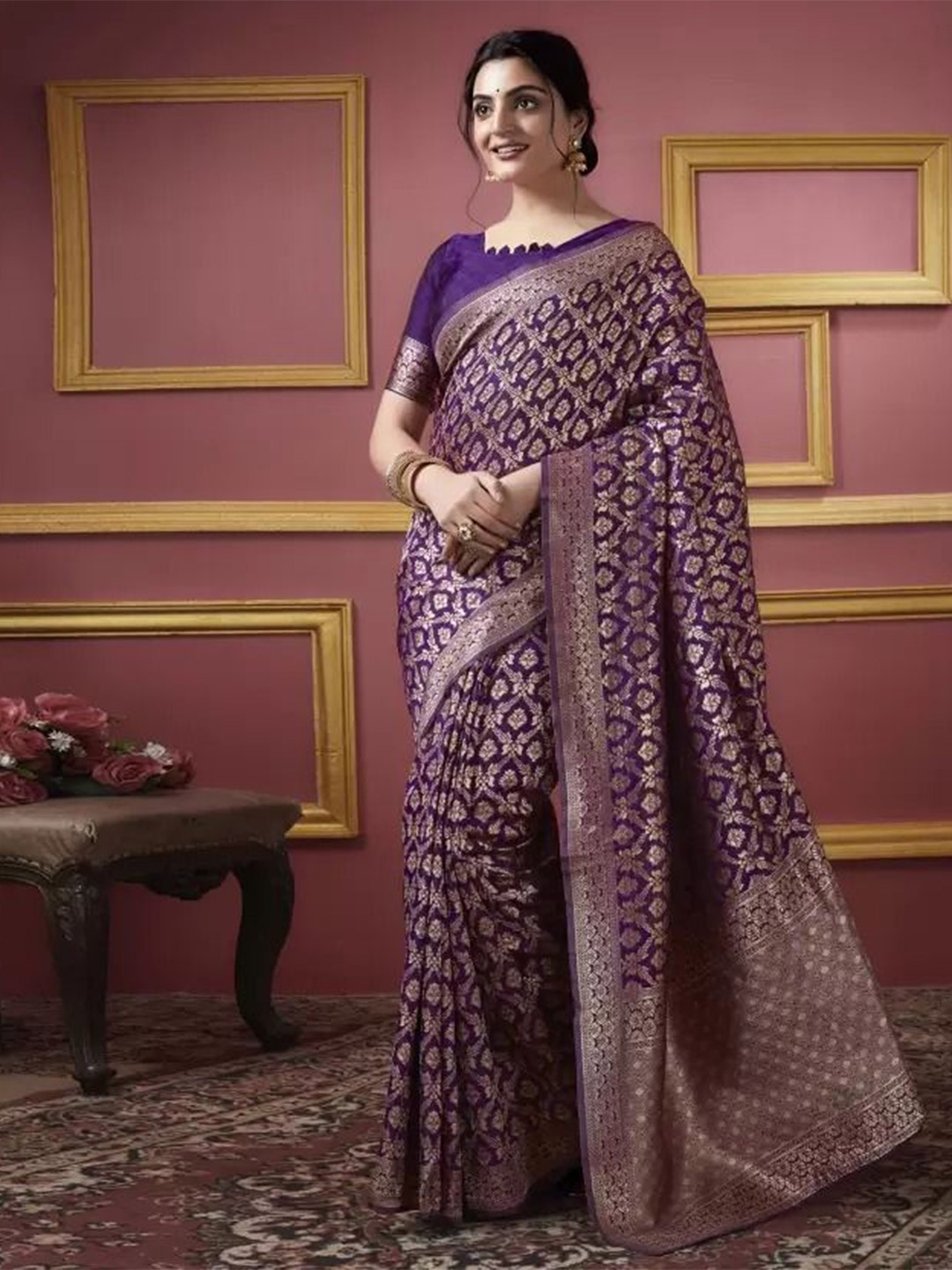 

Florence Woven Design Zari Pure Silk Kanjeevaram Saree, Purple