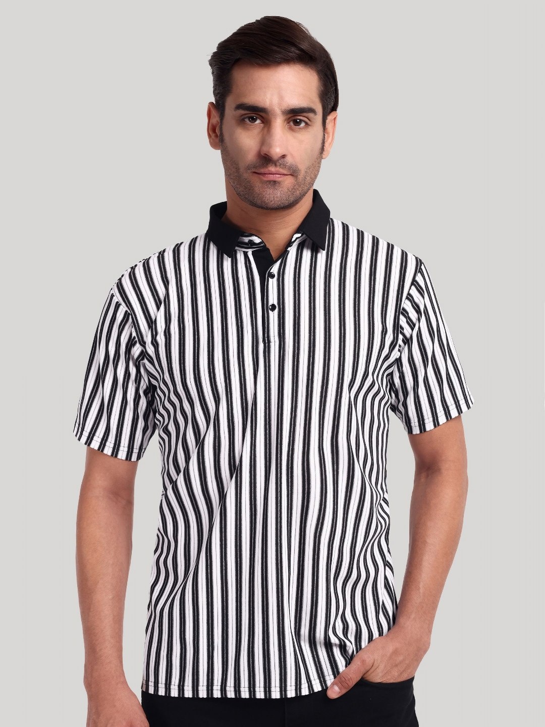 

Moda Rapido Men Striped Polo Collar Cotton T-shirt, White