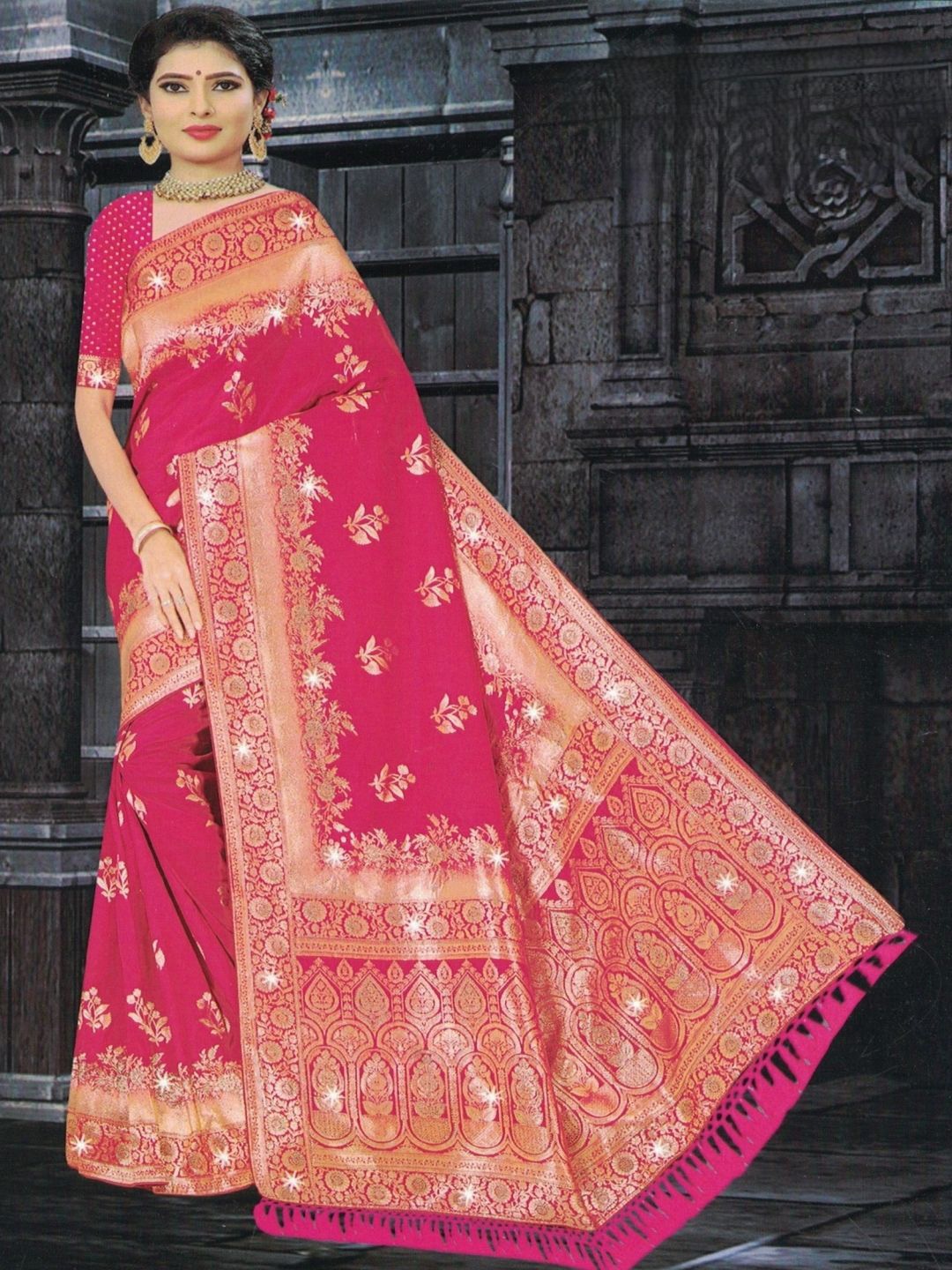 

SHOPPKEE Ethnic Motifs Sequinned Silk Blend Designer Banarasi Saree, Pink