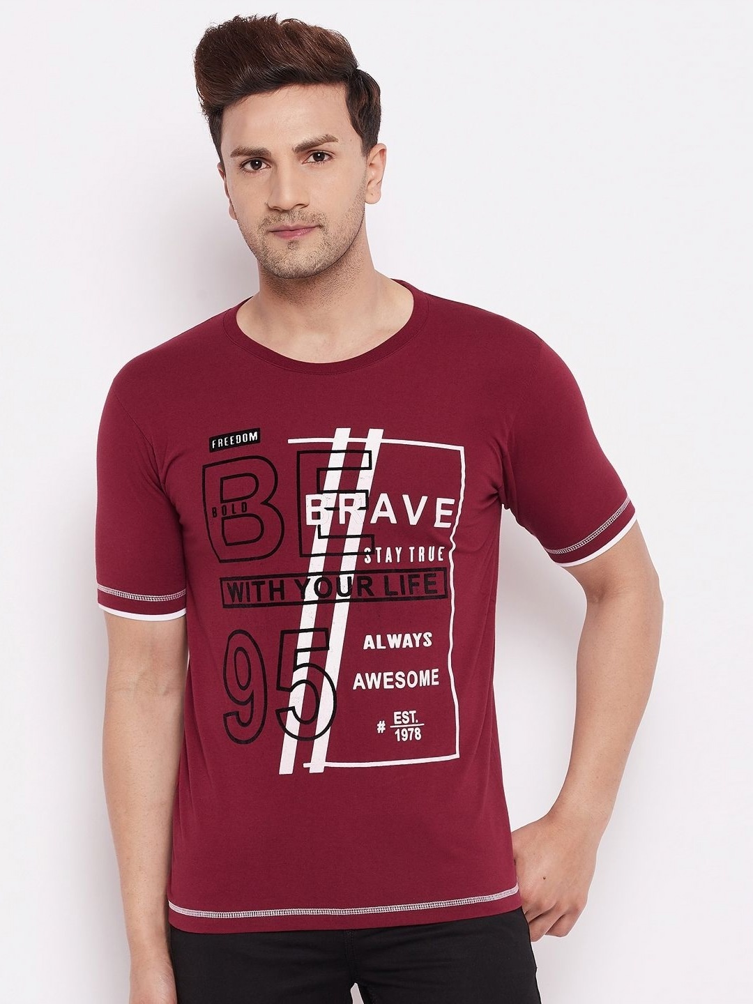 

LYCOS Men Typography Printed Round Neck Cotton T-shirt, Maroon