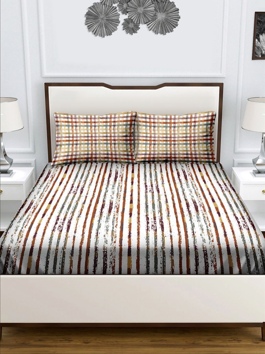 

Myntra Elegant Homes Brown & White Printed Cotton 180 TC Queen Bedsheet Set 2.43m x 2.64m