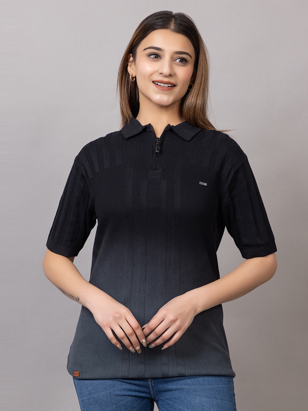 

Wool's Kart Women Dyed Polo Collar T-shirt, Black