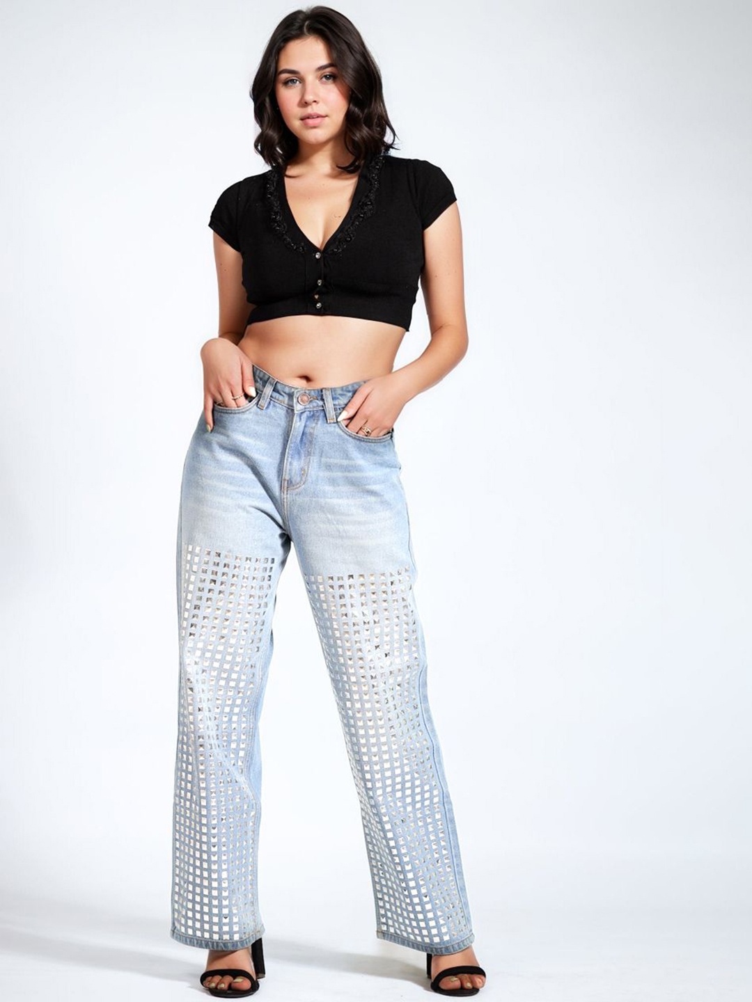 

Wear Your Words Women Studded Wide Leg Jeans Ice Blue