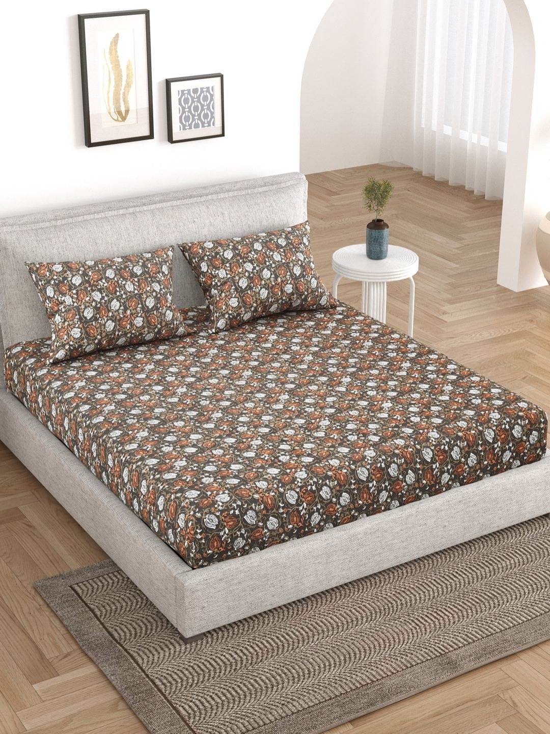 

Myntra Elegant Homes White Printed 210 TC Pure Cotton Queen Bedsheet Set 2.44 m x 2.74 m
