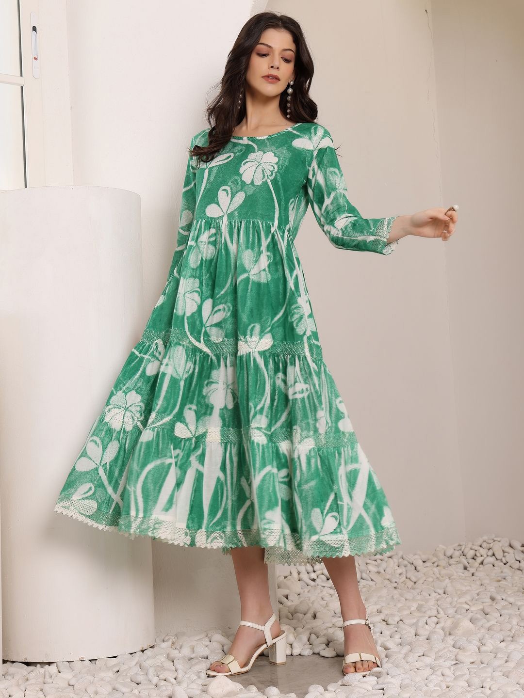 

DressBerry Women Floral Printed Cotton Fit & Flare Dress, Green