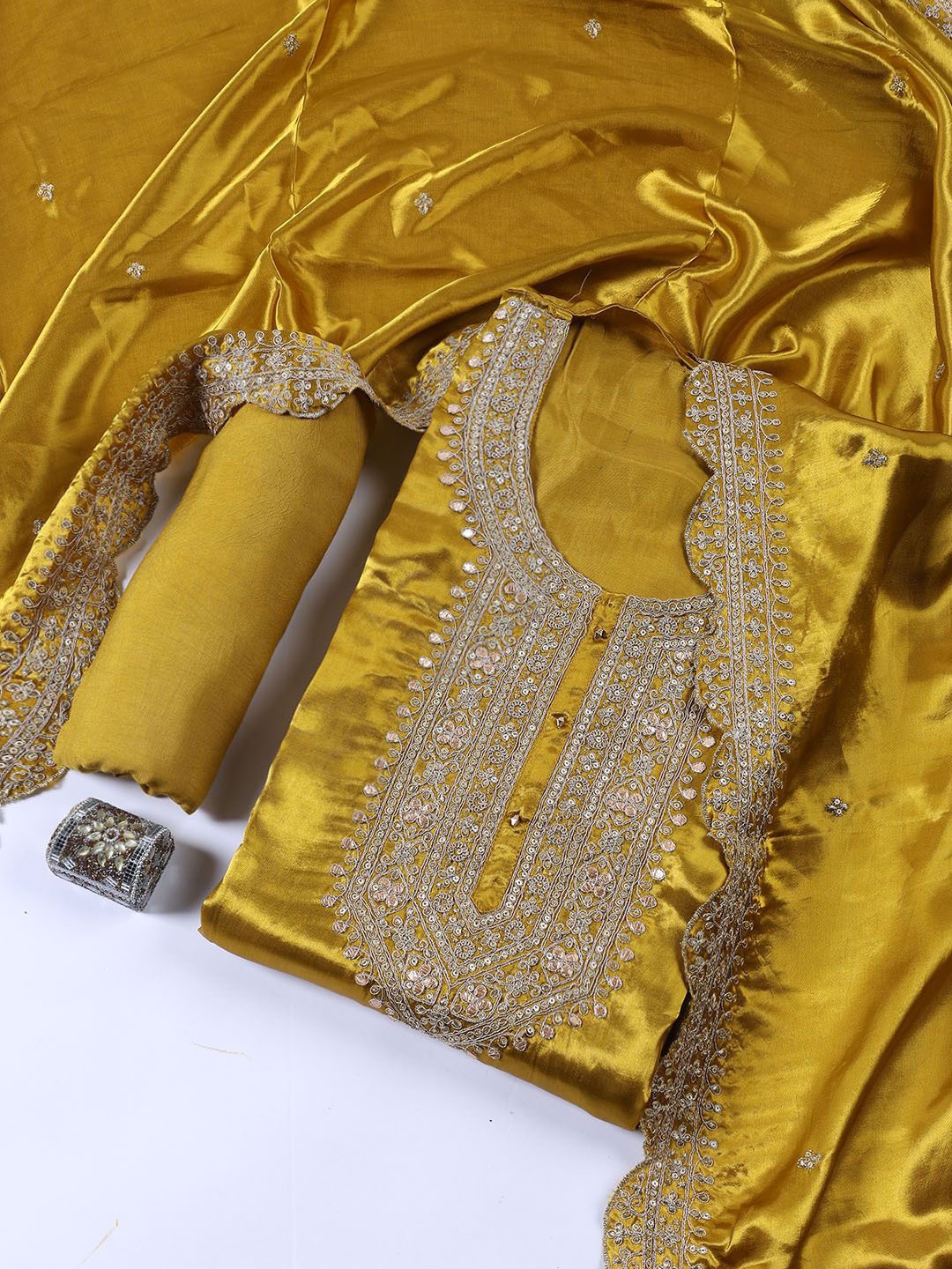 

Meena Bazaar Ethnic Motifs Sequinned Embroidered Art Silk Unstitched Dress Material, Mustard