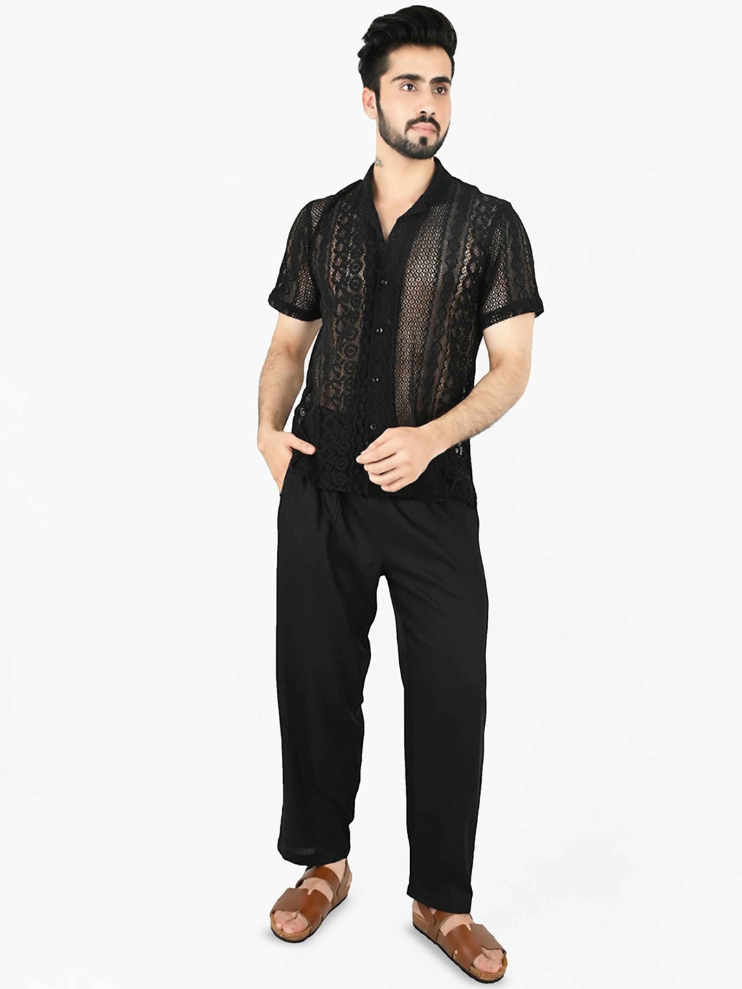 

Blissence Self Design Crochet Shirt With Trouser, Black