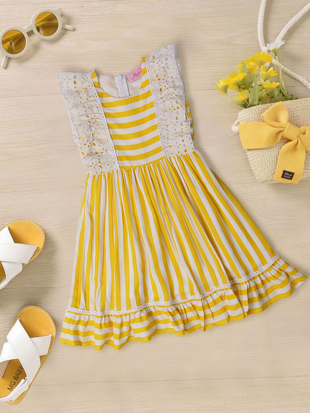 

pspeaches Girls Striped Flutter Sleeves Fit & Flare Dress, Yellow