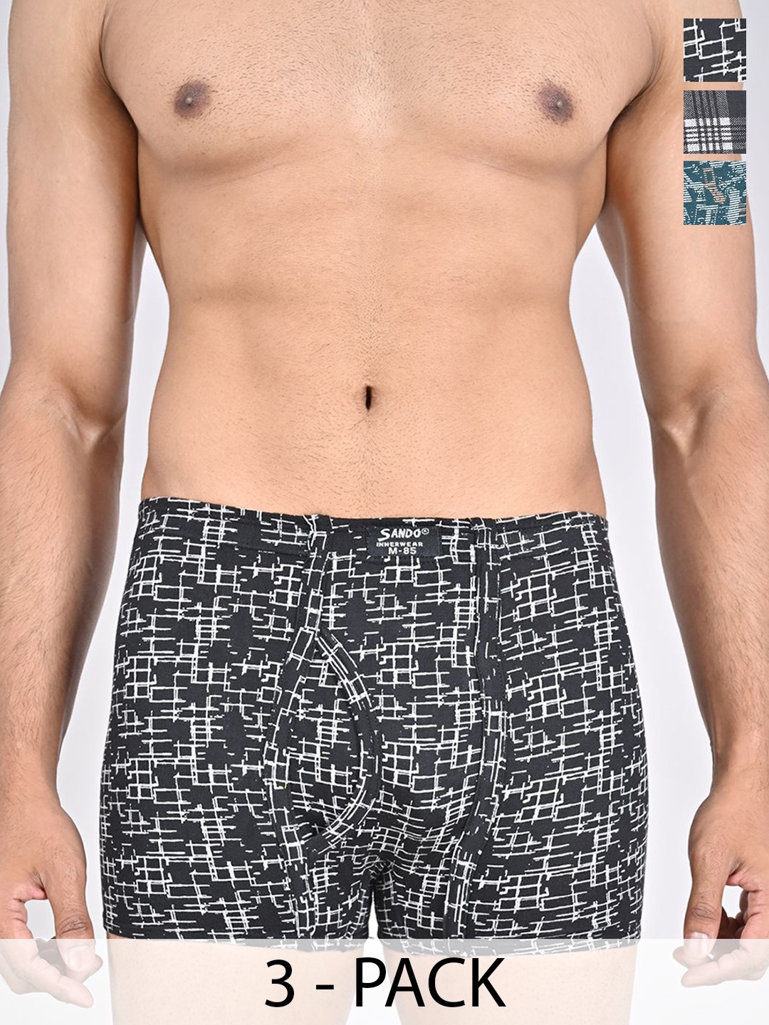 

SANDO Men Pack Of 3 Printed Cotton Trunks, Black