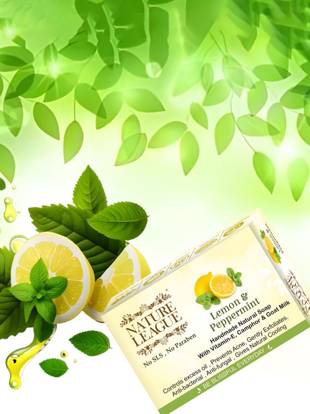 

NATURE LEAGUE Set Of 5 Lemon & Peppermint Soap With Vitamin E For Nourishing - 100 g Each, Yellow