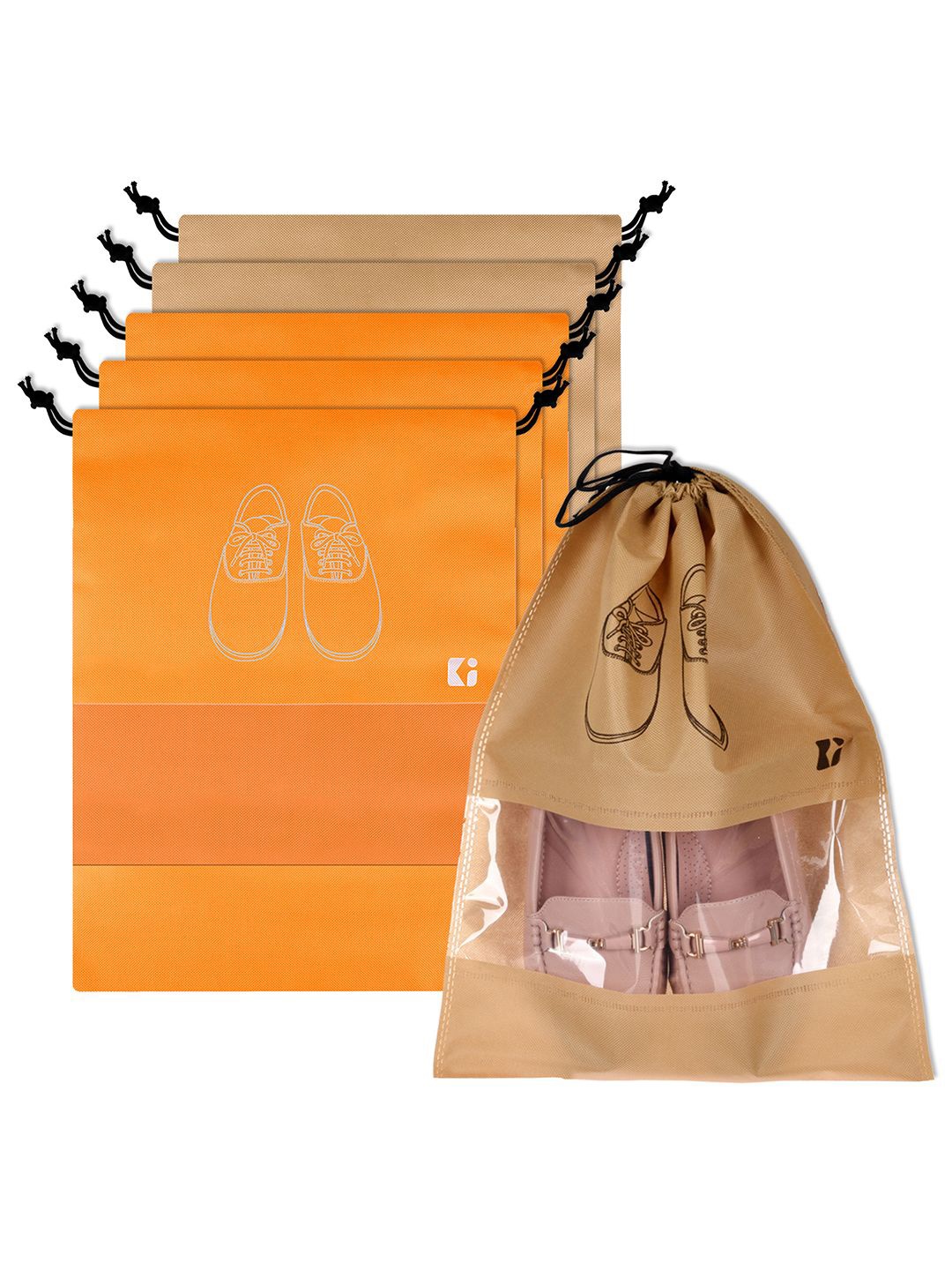 

Kuber Industries Orange and Beige 6 Pieces Printed Shoe Cover Bags