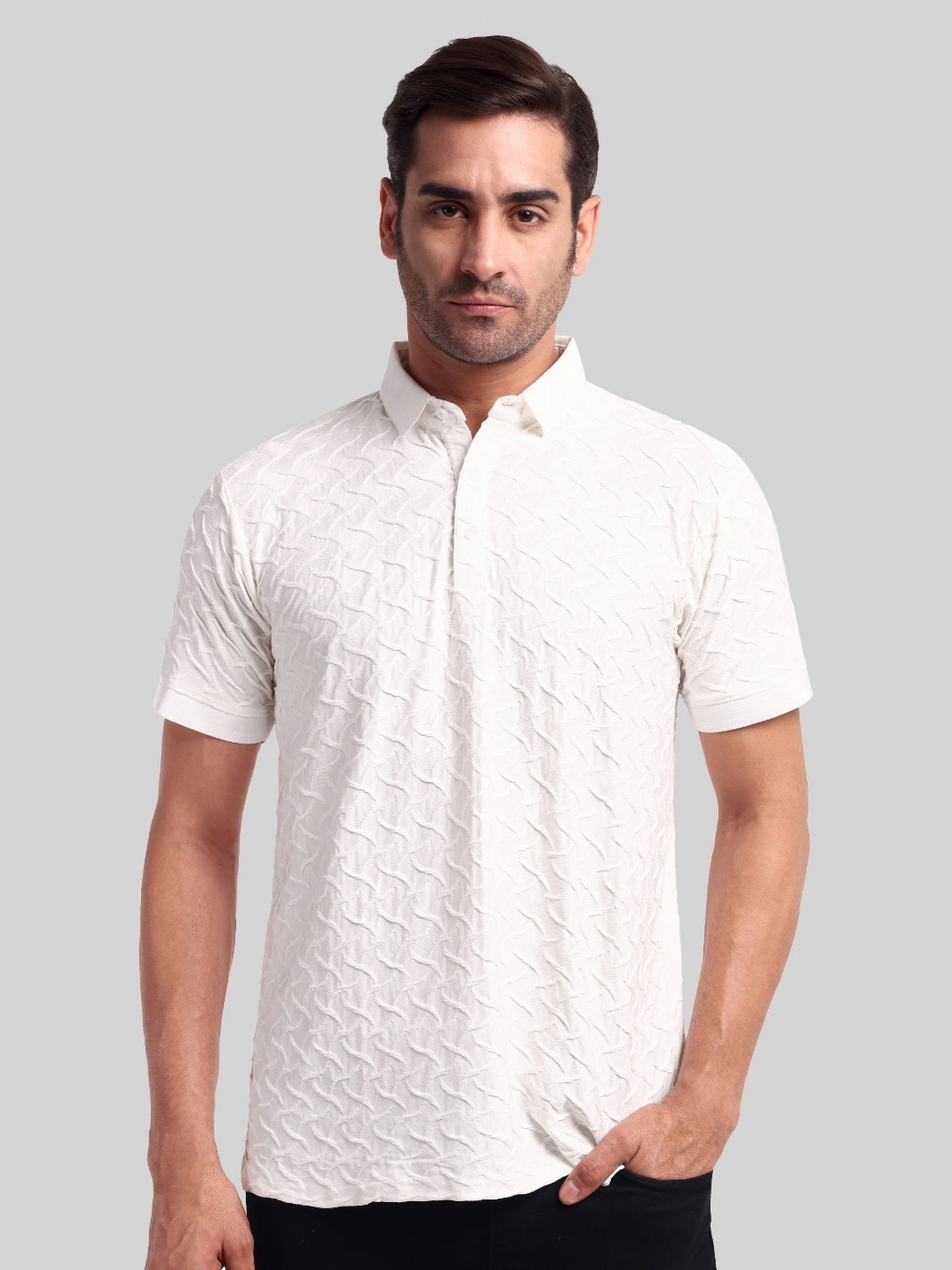 

Moda Rapido Men Self Design Polo Collar Cotton T-shirt, White