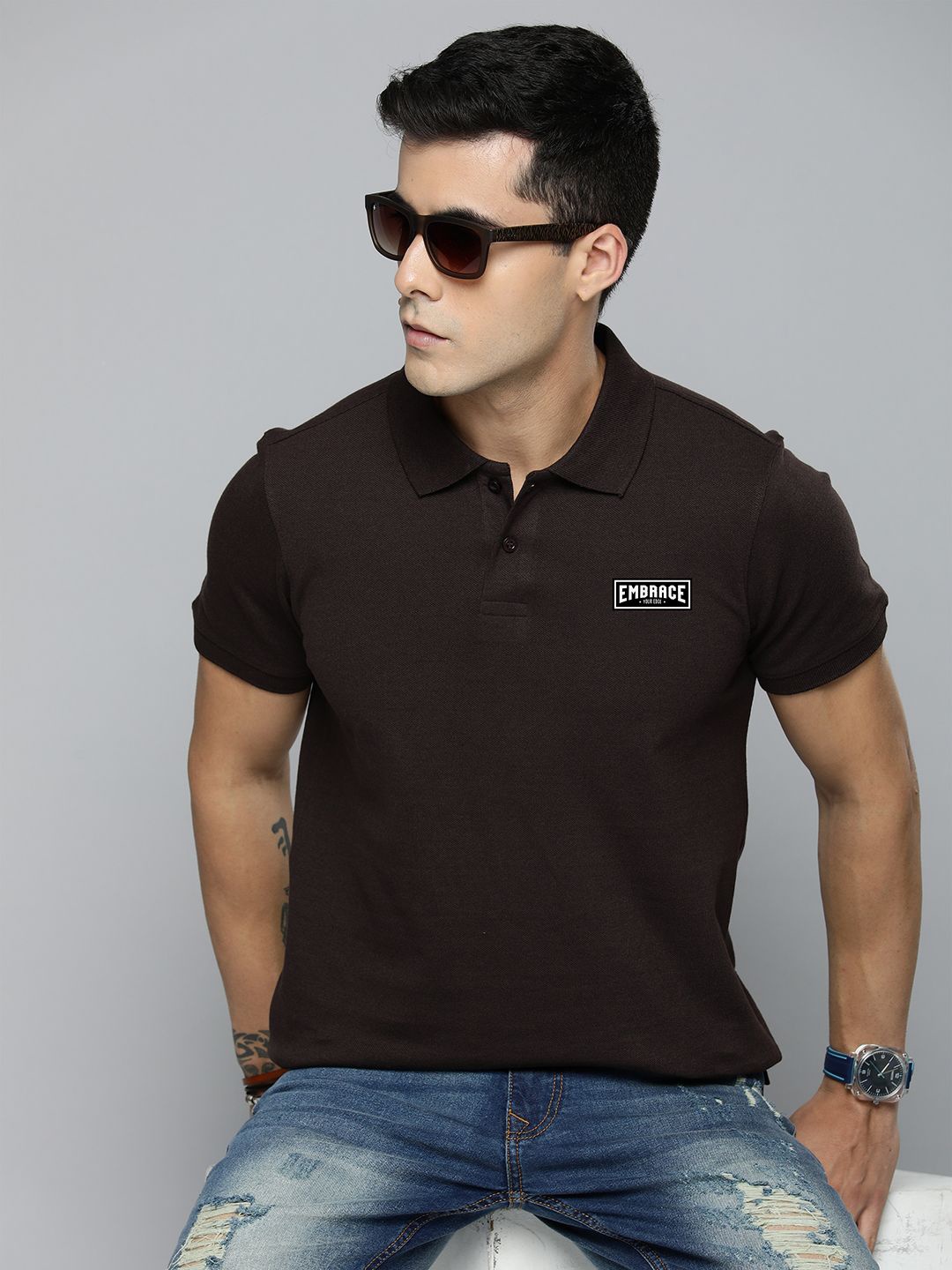 

R.Code by The Roadster Life Co. Men Printed Polo Collar T-shirt, Coffee brown