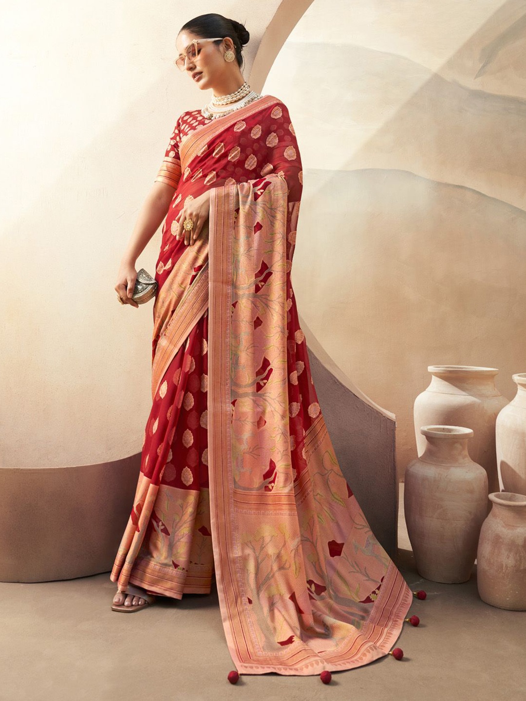 

Anouk Ethnic Motifs Poly Georgette Saree, Red
