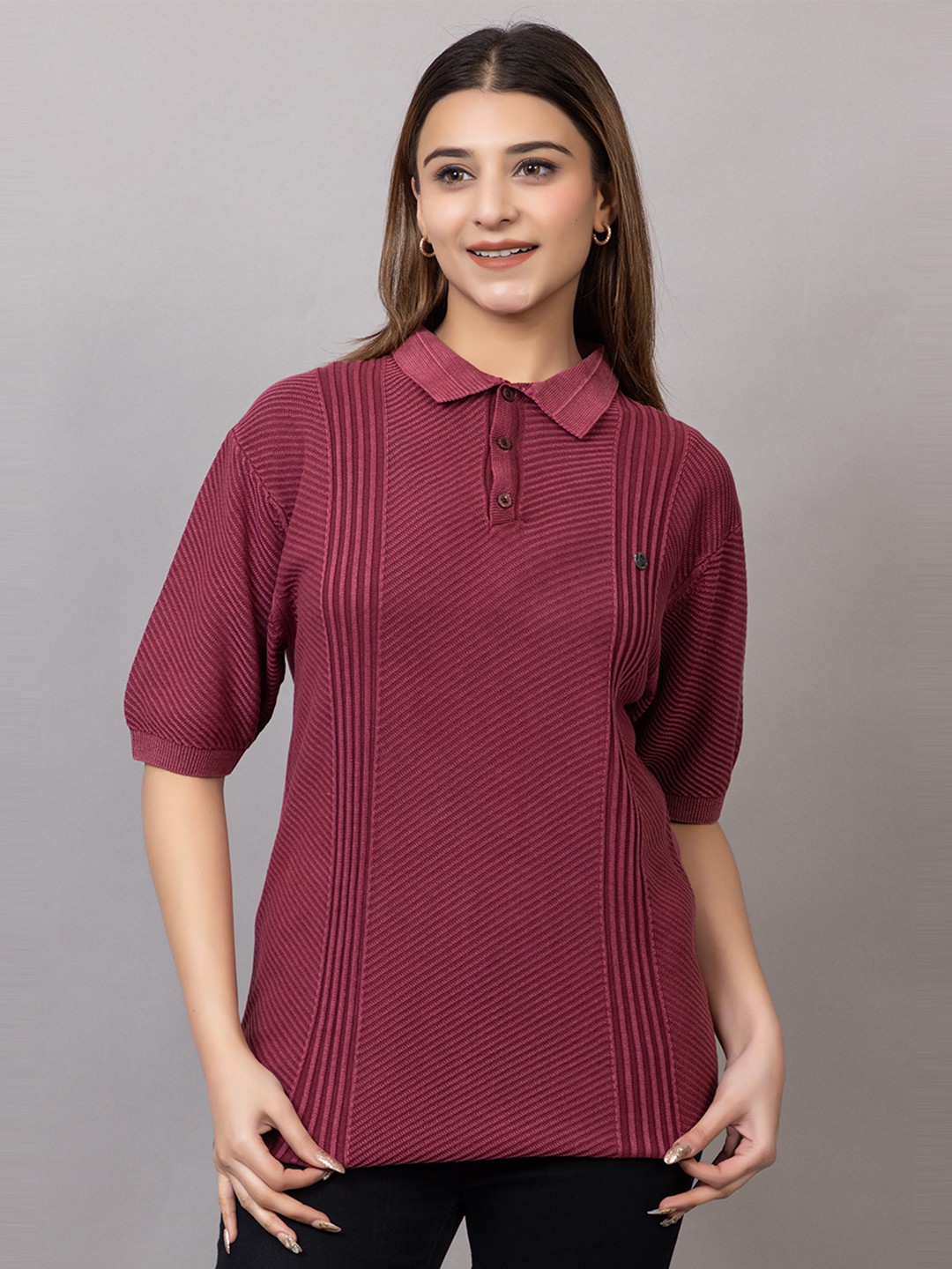 

Wool's Kart Women Self Design Polo Collar T-shirt, Purple