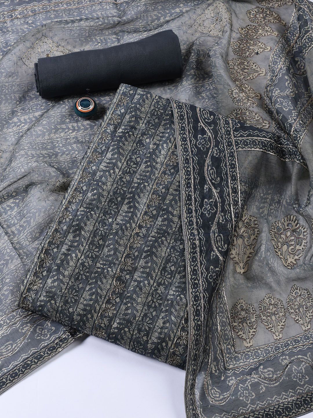 

Meena Bazaar Floral Printed Zari Chanderi Silk Unstitched Dress Material, Grey