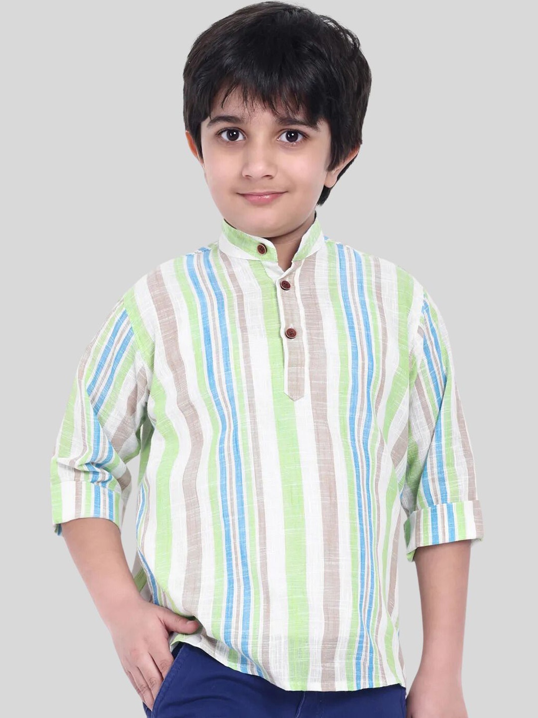 

MOSHI Boys Striped Band Collar Pure Cotton Straight Short Kurta, White