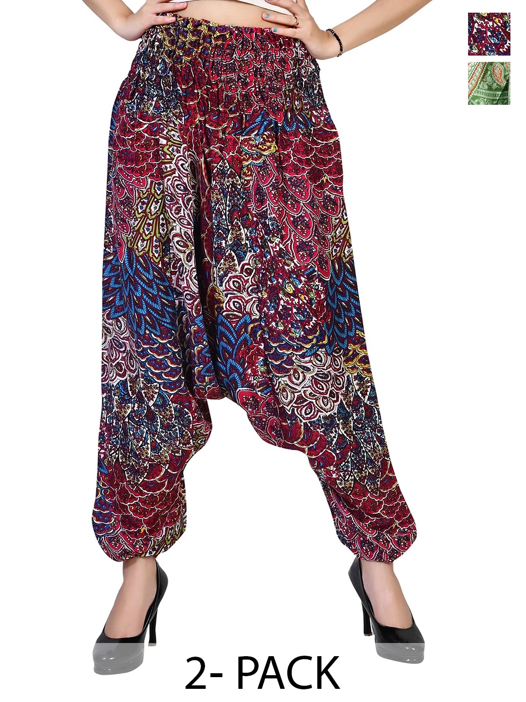 

NarNari Women Pack Of 2 Printed Mid-Rise Loose Fit Harem Pants, Maroon
