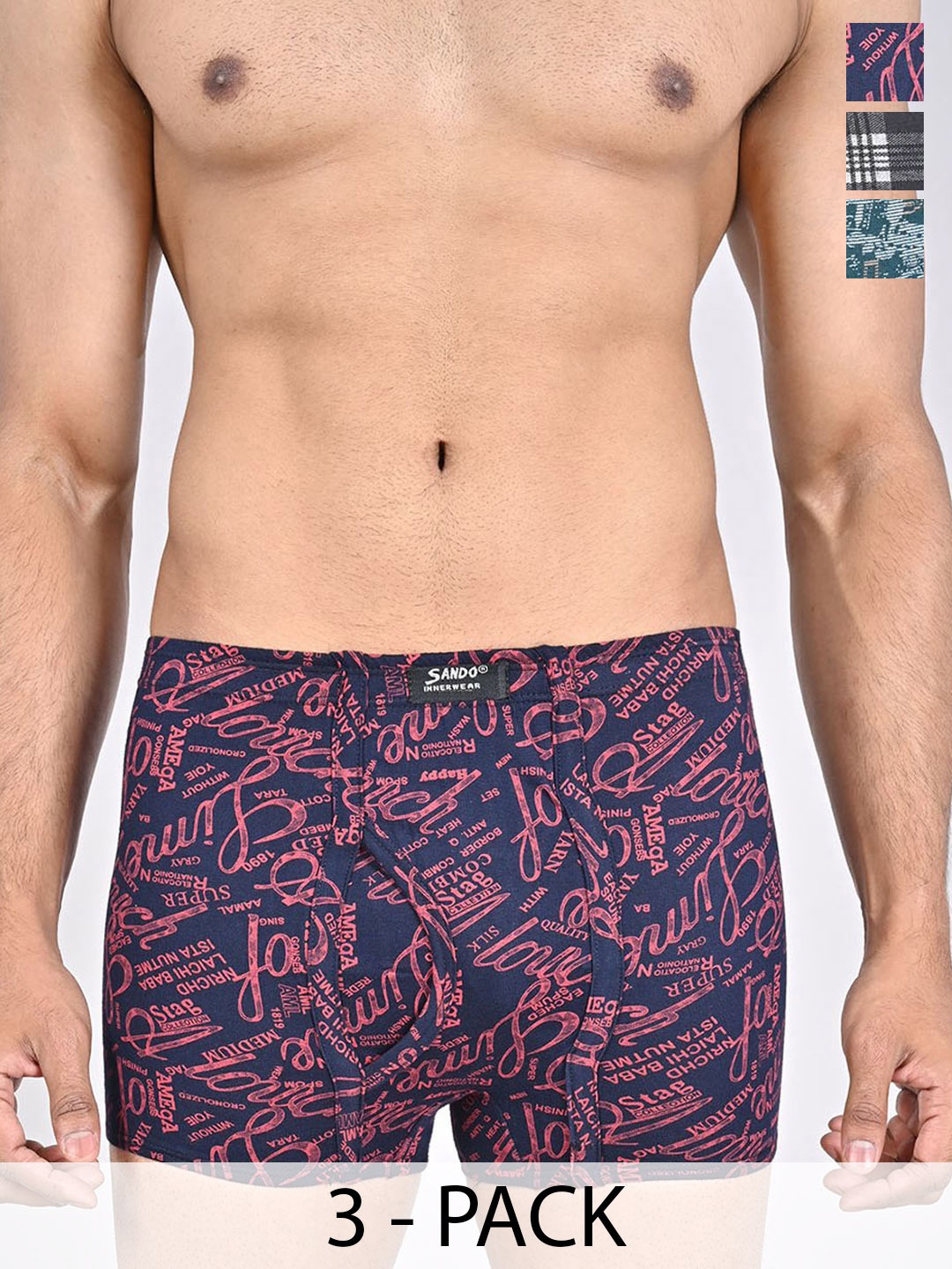 

SANDO Pack Of 3 Printed Pure Cotton Trunks GENIUS-02-07-09, Green