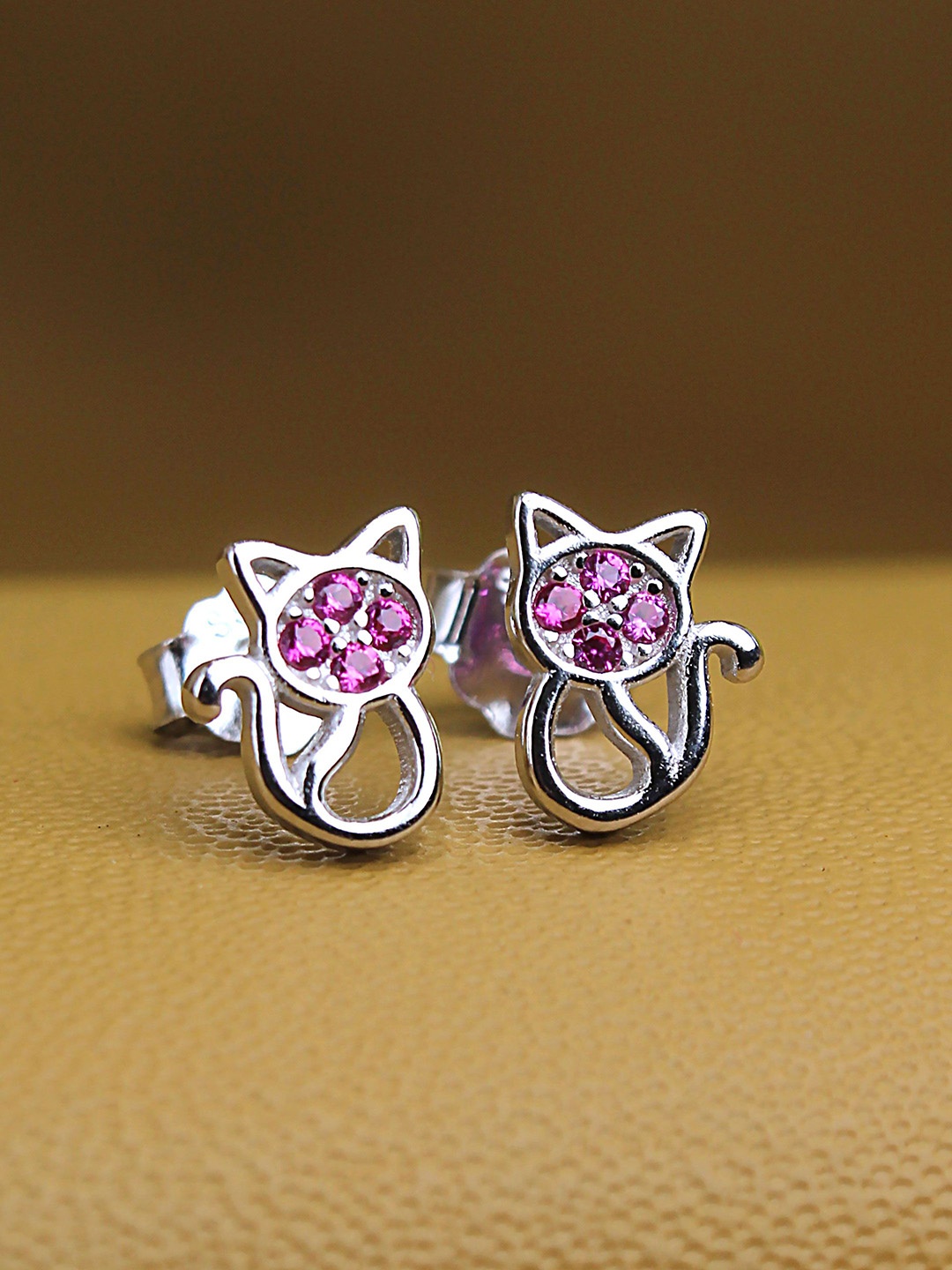 

DEVASHREE 925 Silver Cubic Zirconia Studded Animal Shaped Studs, Pink