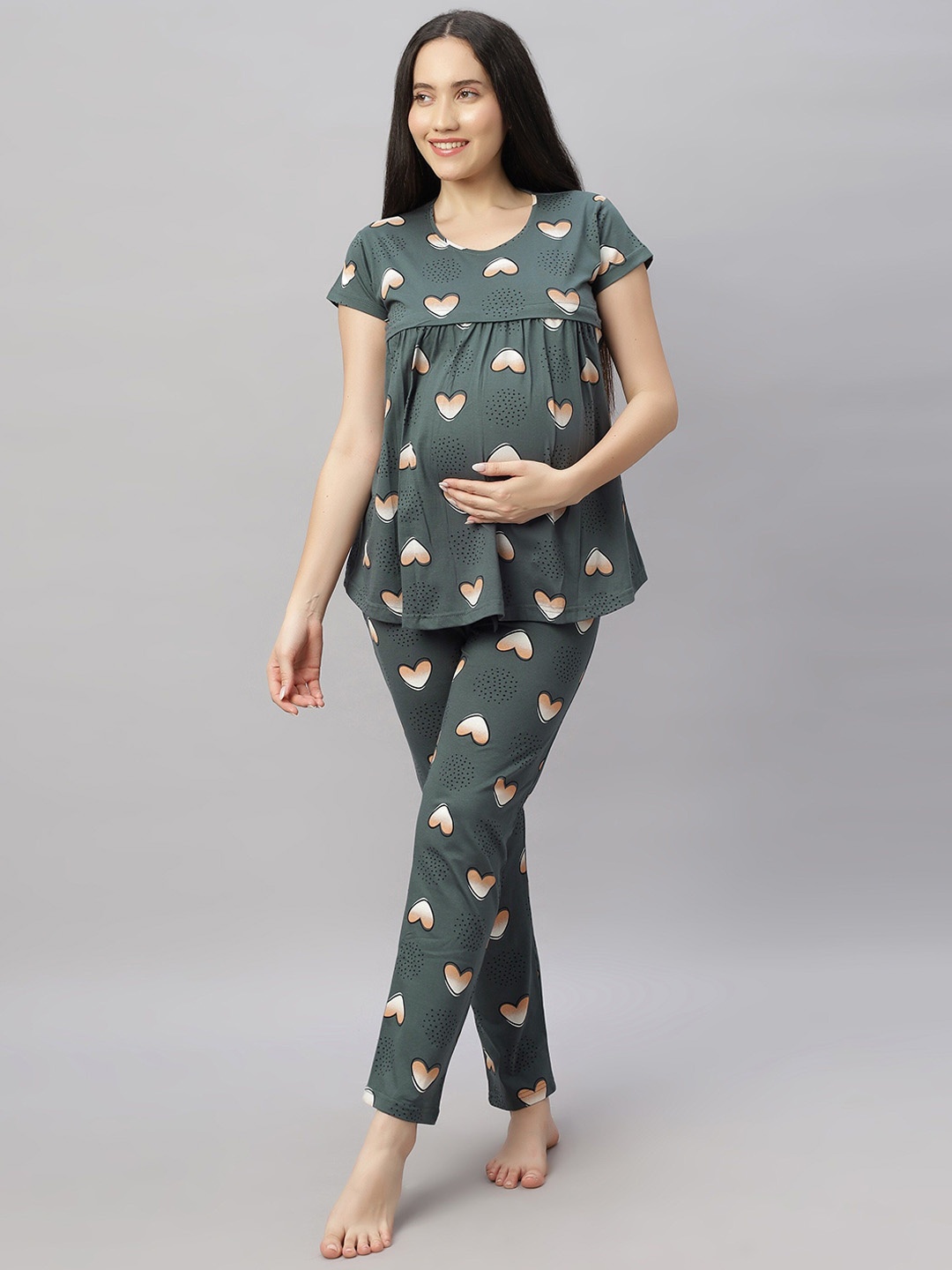 

DZZO Women Printed Night suit, Green