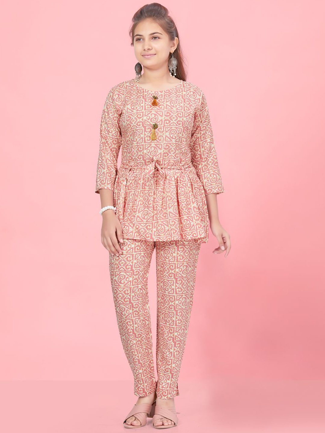 

Aarika Girls Ethnic Motifs Printed Pure Cotton Top With Trousers, Peach